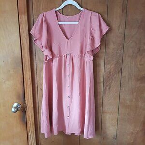 Pink Flutter Sleeve V-Neck Dress Decorative Button Front Empire Waist Size S